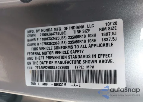 2020 Honda Cr-V Awd Ex-L from USA, damaged, VIN 7FARW2H88LE022608